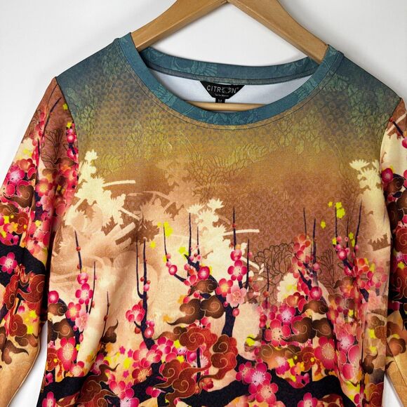 CItron Santa Monica Top Medium Pink Coral Tan Floral Blossom Art Print Stretch - Picture 2 of 13